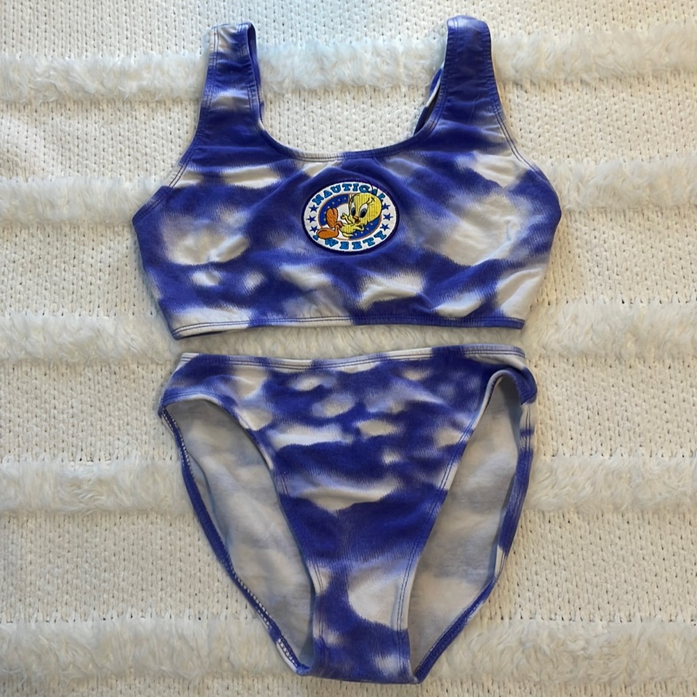 Vintage Y2K Looney Tunes Tweety bird swimsuit blue bikini girls size 5 6